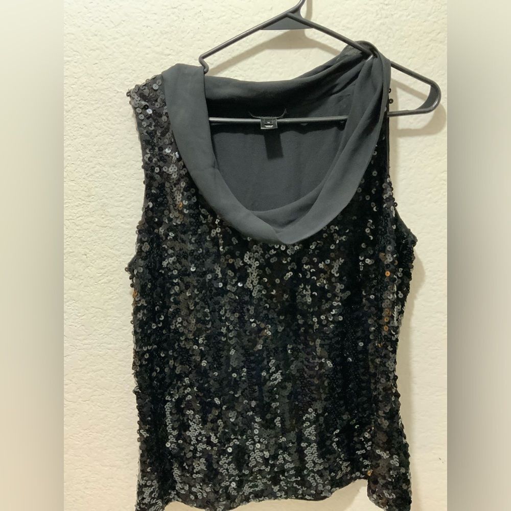 St. John Cowl Neck Top Women size 12 Metallic Sequin Black Event